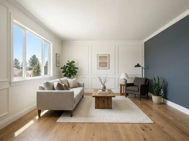 Freshly remodeled living room with white trim, wall molding and oak floors (illustration)